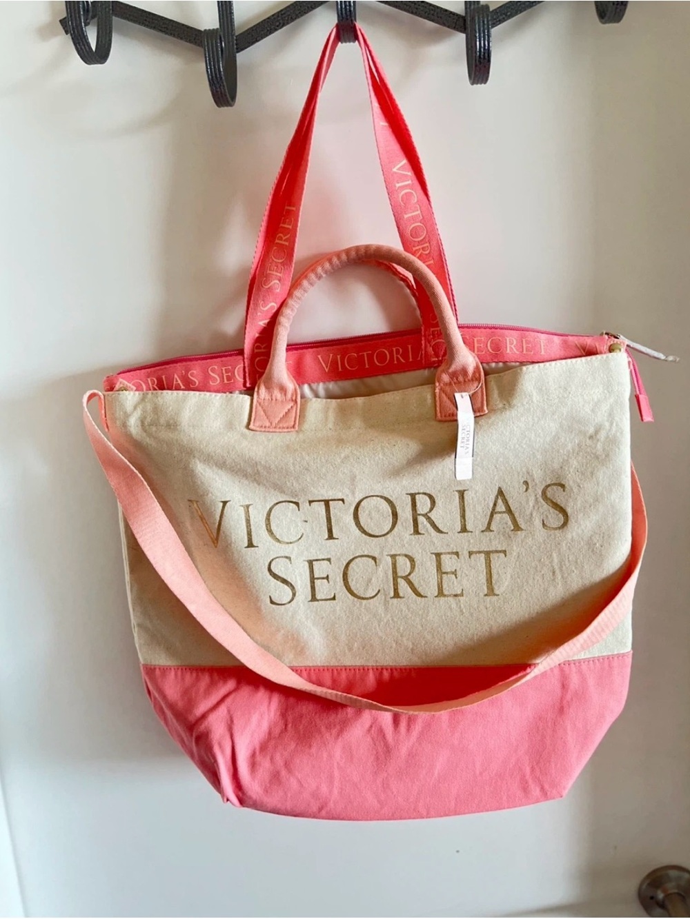 Victoria's Secret Coral & Cream Canvas Tote Bag Y2K With Tags